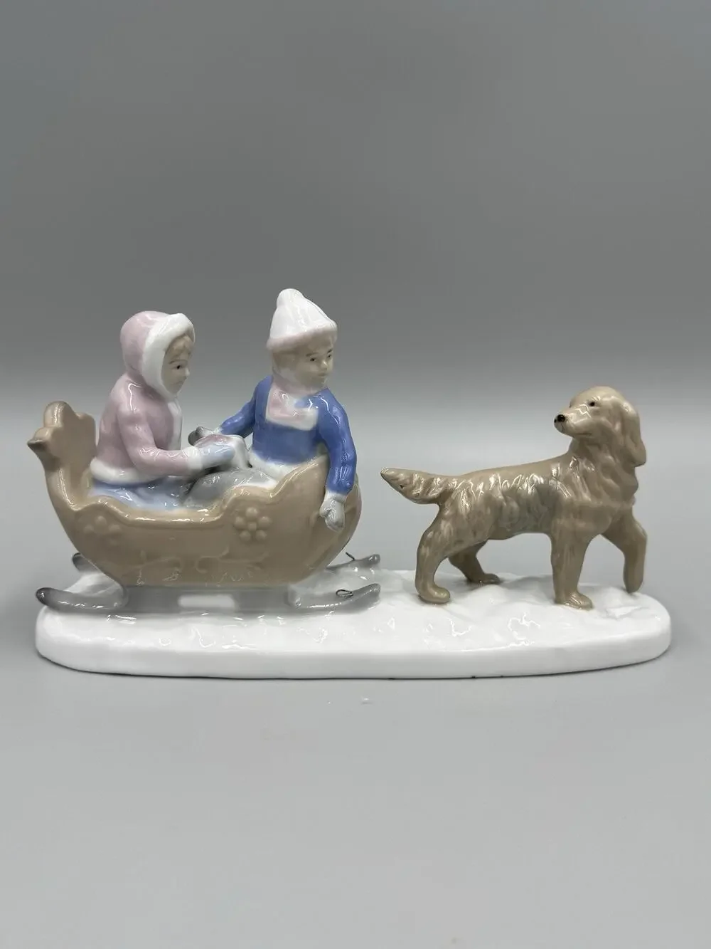 Meico Figurine Boy & Girl Sled Retriever Dog Snow Winter Porcelain Figurine 8”